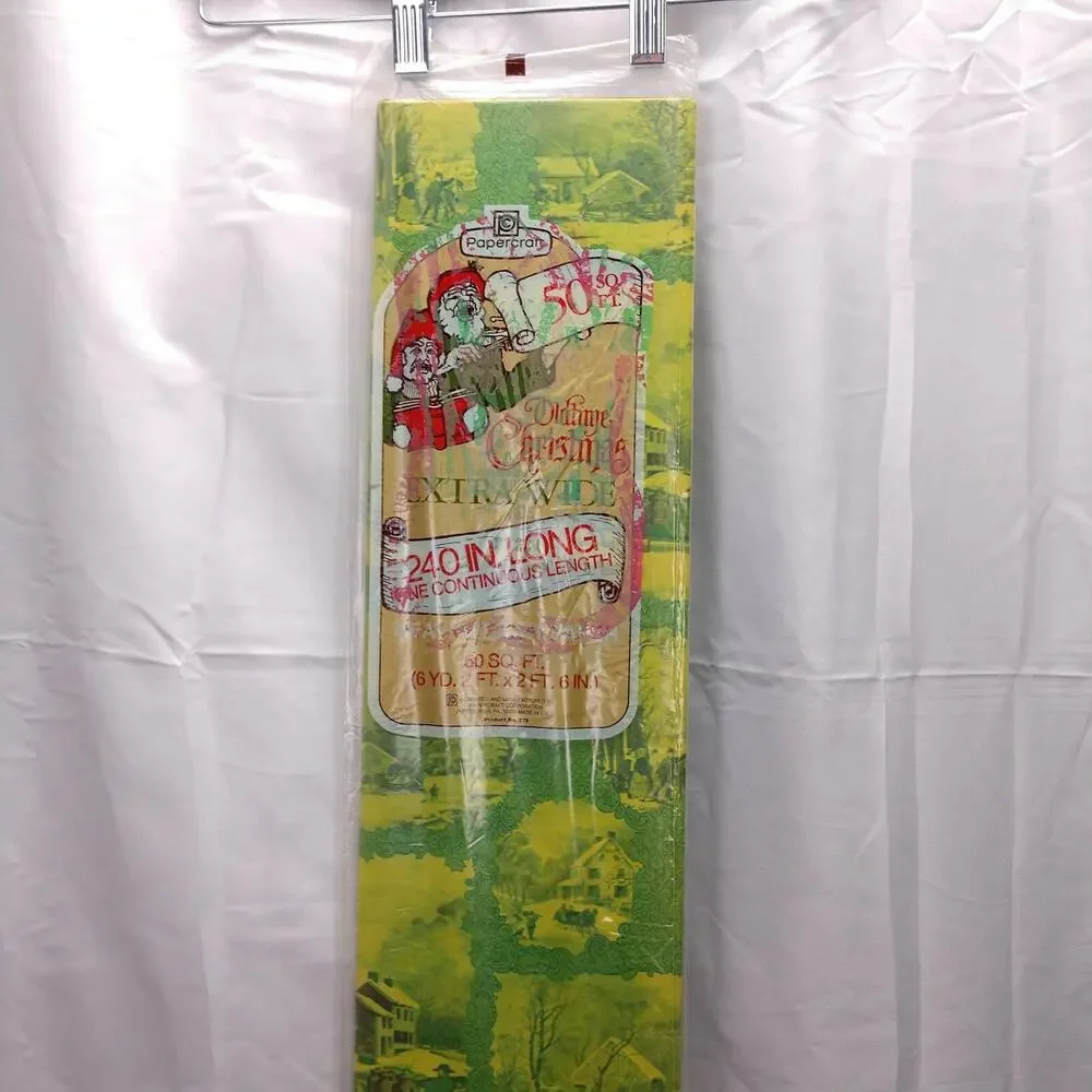 Vintage 70s Green Christmas Wrapping Paper 50sq ft NOS Pastoral Winter Scene